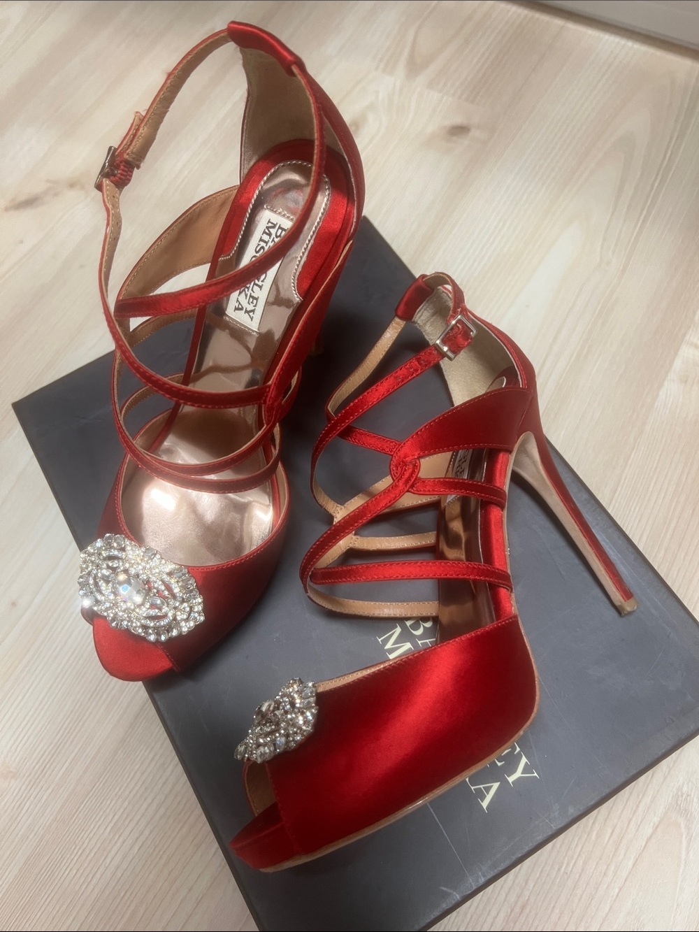 Badgley Mischka Red Satin Crystal-Embellished Strappy Peep-Toe Heels